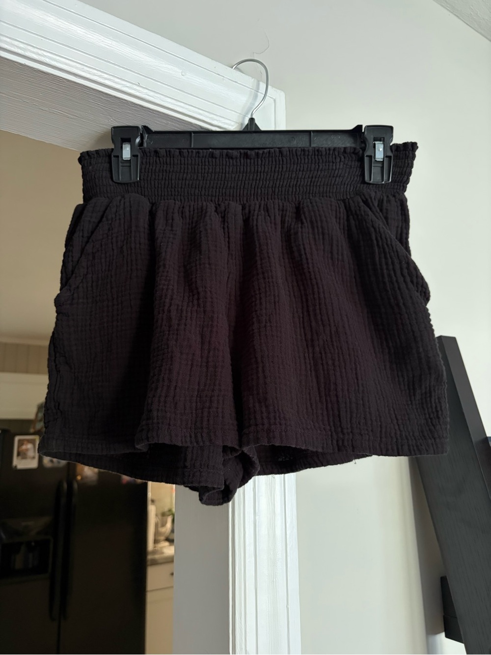 High-Waist Black Textured Women’s Shorts with Smocked Waist